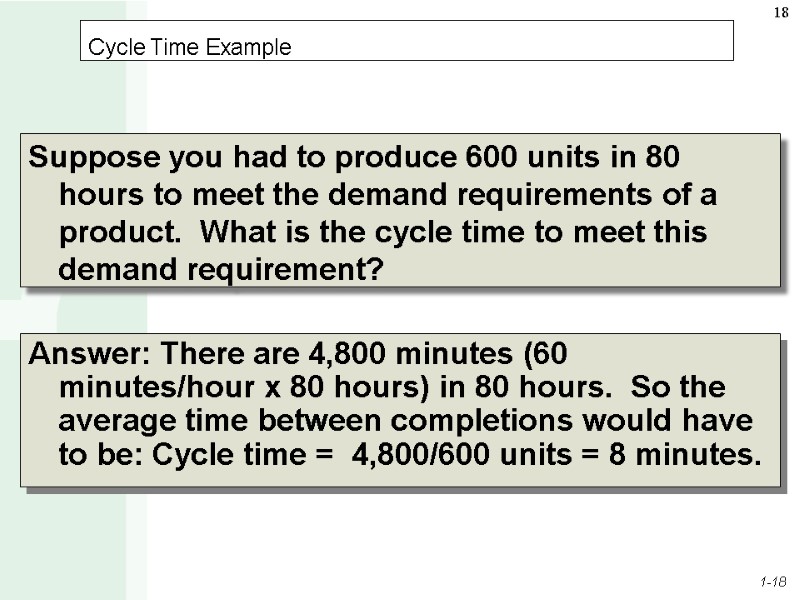 Cycle Time Example Suppose you had to produce 600 units in 80 hours to